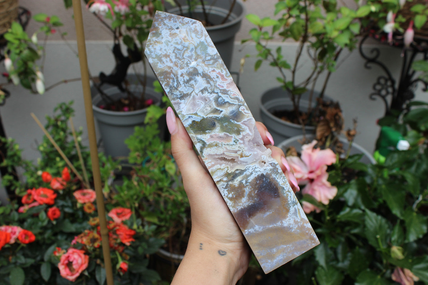 Moss Agate Pink Amethyst Tower