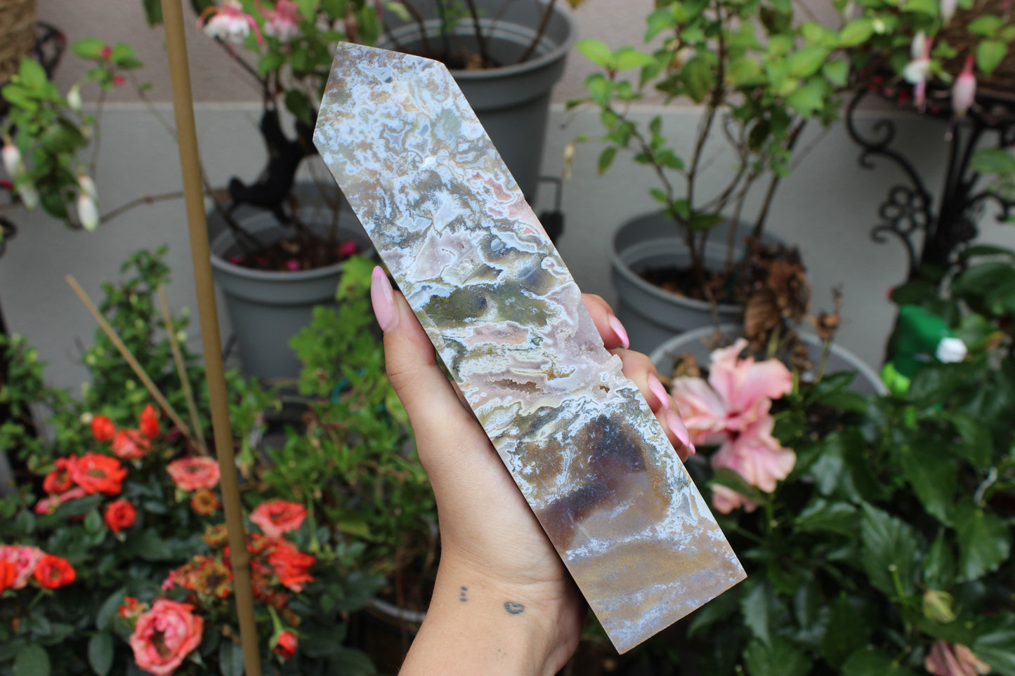 Moss Agate Pink Amethyst Tower